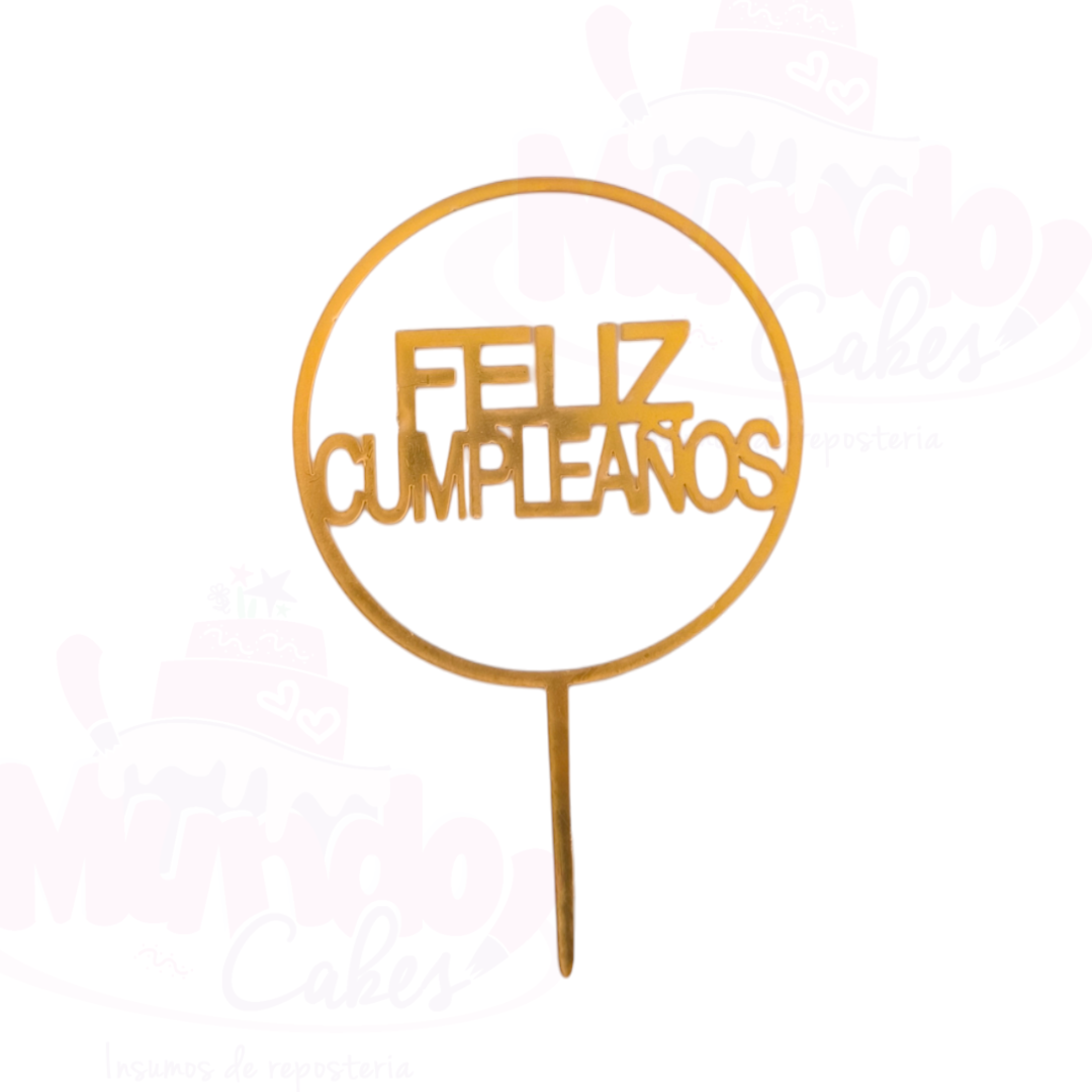 Topper feliz cumpleaños dorado 16cm